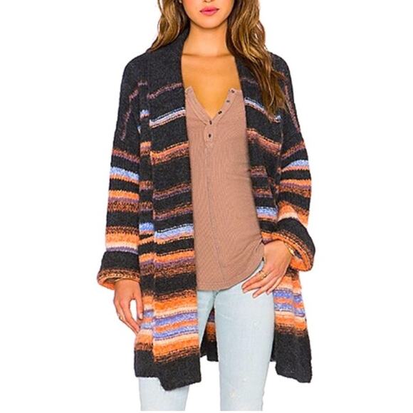 FREE PEOPLE Sz XS Alpaca Stripe Cardigan Charcoal Combo Pockets Orange Striped - Picture 1 of 16